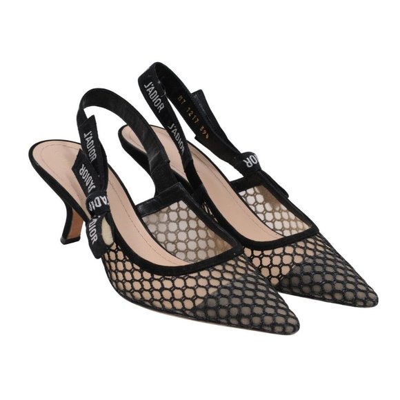 Dior Womens J'ADior Slingback Pumps Size 39.5 US 9.5 Black Mesh Kitten Heels